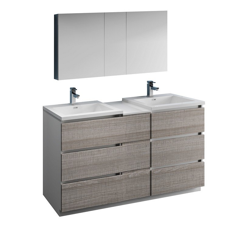 FRESCA FVN93-241224HA-D LAZZARO 60 INCH GLOSSY ASH GRAY FREE STANDING DOUBLE SINK MODERN BATHROOM VANITY WITH MEDICINE CABINET