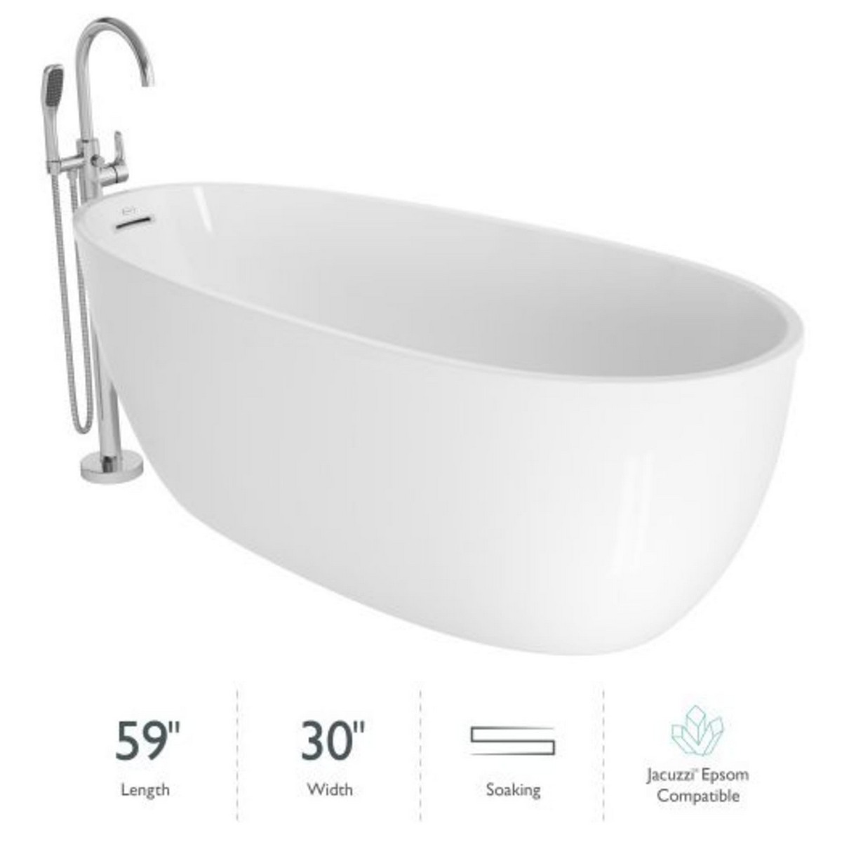 JACUZZI OS5930BUXXXXG SIGNATURE 59 1/4 X 29 3/4 INCH FREESTANDING ACRYLIC SOAKING BATHTUB WITH FREESTANDING TUB FILLER AND HAND SHOWER