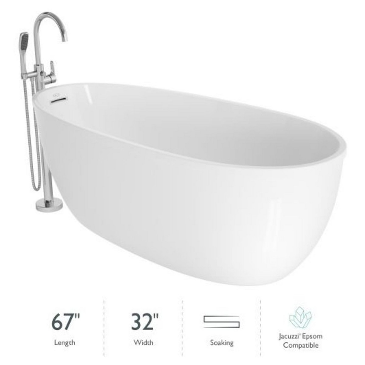 JACUZZI OS6732BUXXXXG SIGNATURE 67 X 31 1/2 INCH FREESTANDING ACRYLIC SOAKING BATHTUB WITH FREESTANDING TUB FILLER AND HAND SHOWER