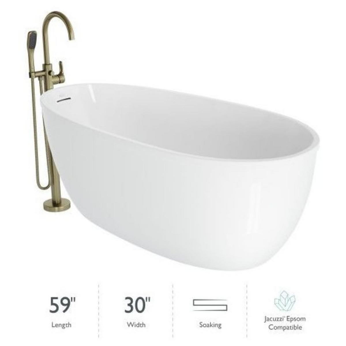 JACUZZI OSZ5930BUXXXXG SIGNATURE 59 1/4 X 29 3/4 INCH FREESTANDING ACRYLIC SOAKING BATHTUB WITH TUB FILLER AND HAND SHOWER IN GLOSS WHITE