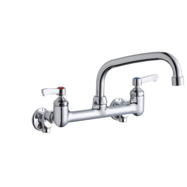 ELKAY LK940AT08L2S WALL MOUNT FAUCET WITH 8 INCH ARC TUBE SPOUT AND 2 INCH HANDLES, OFFSET INLETS+STOP