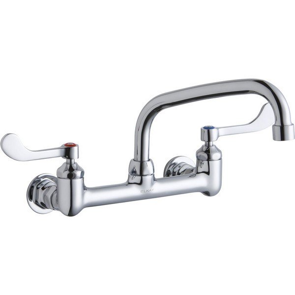 ELKAY LK940AT08T4H WALL MOUNT FAUCET WITH 8 INCH ARC TUBE SPOUT AND 4 INCH HANDLES, OFFSET INLETS