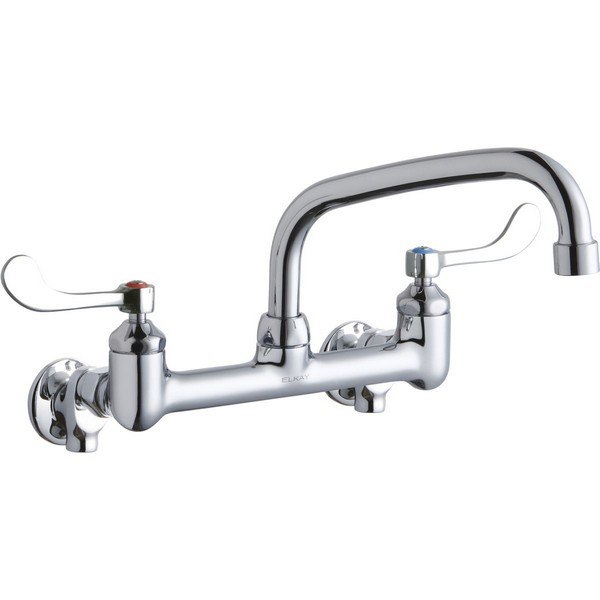 ELKAY LK940AT08T4S WALL MOUNT FAUCET WITH 8 INCH ARC TUBE SPOUT AND 4 INCH HANDLES, OFFSET INLETS+STOP