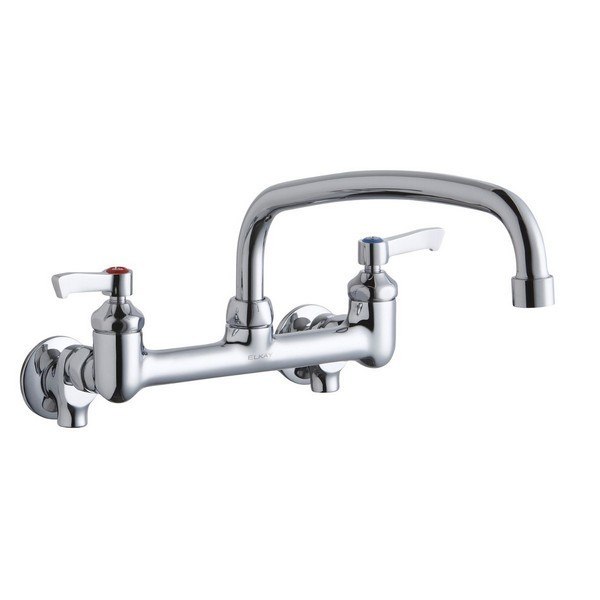 ELKAY LK940AT12L2S WALL MOUNT FAUCET WITH 12 INCH ARC TUBE SPOUT AND 2 INCH HANDLES, OFFSET INLETS+STOP