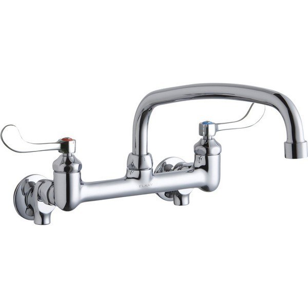 ELKAY LK940AT12T4S WALL MOUNT FAUCET WITH 12 INCH ARC TUBE SPOUT AND 4 INCH HANDLES, OFFSET INLETS+STOP