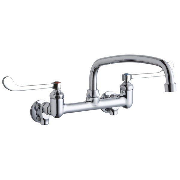ELKAY LK940AT14T6S WALL MOUNT FAUCET WITH 14 INCH ARC TUBE SPOUT AND 6 INCH HANDLES, OFFSET INLETS+STOP