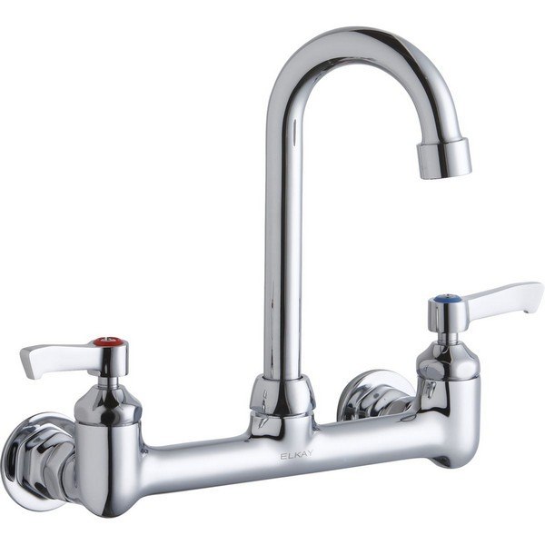 ELKAY LK940GN04L2H WALL MOUNT FAUCET WITH 4 INCH GOOSENECK SPOUT AND 2 INCH LEVER HANDLES, OFFSET INLETS