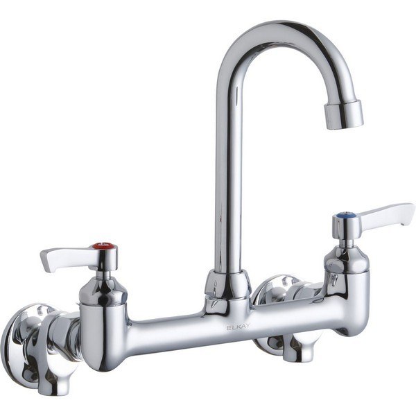 ELKAY LK940GN04L2S WALL MOUNT FAUCET WITH 4 INCH GOOSENECK SPOUT AND 2 INCH LEVER HANDLES, OFFSET INLETS + STOP