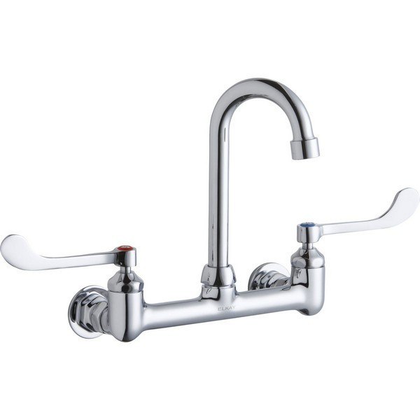 ELKAY LK940GN04T6H WALL MOUNT FAUCET WITH 4 INCH GOOSENECK SPOUT AND 6 INCH LEVER HANDLES, OFFSET INLETS