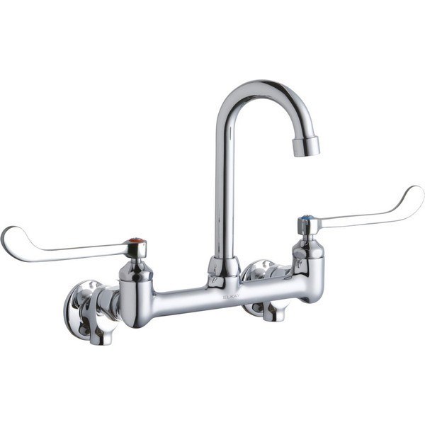 ELKAY LK940GN04T6S WALL MOUNT FAUCET WITH 4 INCH GOOSENECK SPOUT AND 6 INCH LEVER HANDLES, OFFSET INLETS + STOP