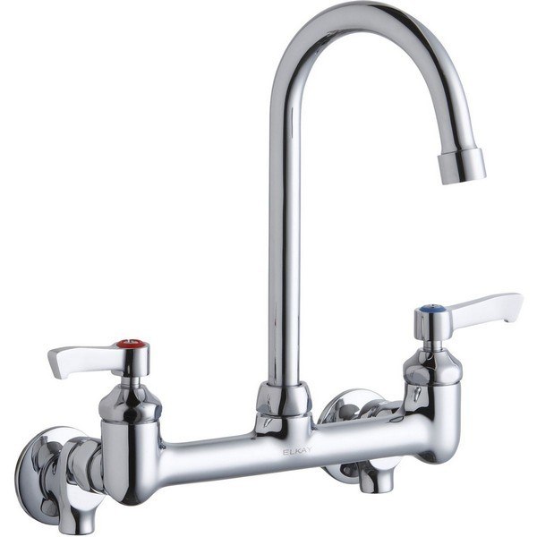 ELKAY LK940GN05L2S WALL MOUNT FAUCET WITH 5 INCH GOOSENECK SPOUT AND 2 INCH HANDLES, OFFSET INLETS + STOP