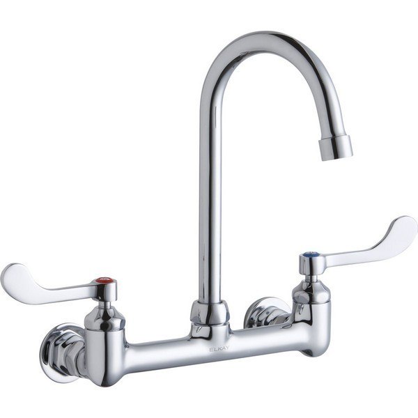 ELKAY LK940GN05T4H WALL MOUNT FAUCET WITH 5 INCH GOOSENECK SPOUT AND 4 INCH HANDLES, OFFSET INLETS