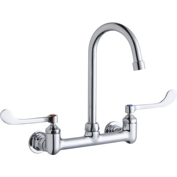 ELKAY LK940GN05T6H WALL MOUNT FAUCET WITH 5 INCH GOOSENECK SPOUT AND 6 INCH HANDLES, OFFSET INLETS
