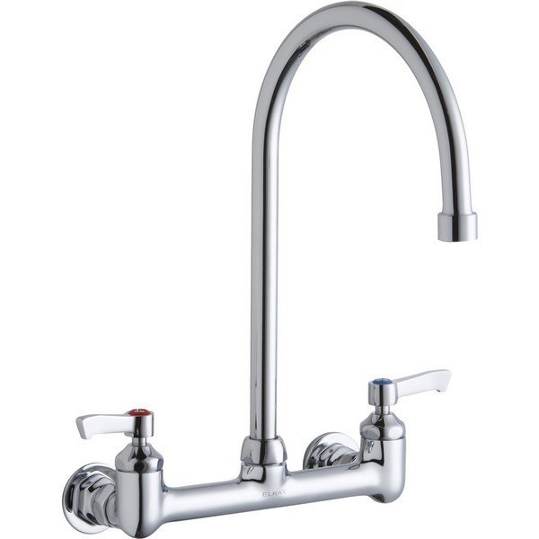 ELKAY LK940GN08L2H WALL MOUNT FAUCET WITH 8 INCH GOOSENECK SPOUT AND 2 INCH HANDLES, OFFSET INLETS