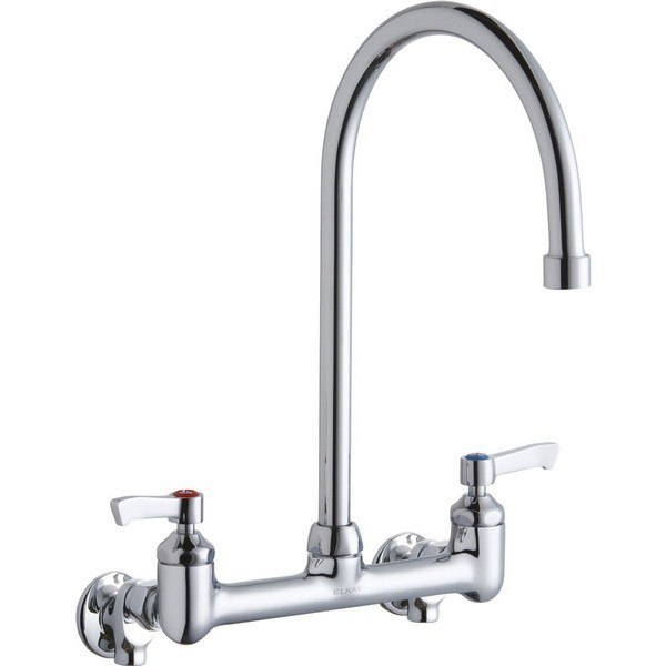 ELKAY LK940GN08L2S WALL MOUNT FAUCET WITH 8 INCH GOOSENECK SPOUT AND 2 INCH HANDLES, OFFSET INLETS + STOP