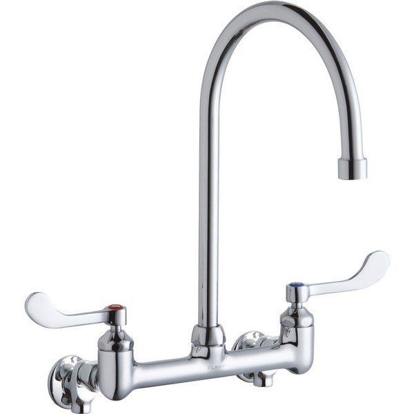 ELKAY LK940GN08T4S WALL MOUNT FAUCET WITH 8 INCH GOOSENECK SPOUT AND 4 INCH HANDLES, OFFSET INLETS + STOP