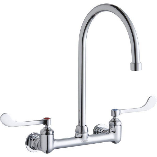 ELKAY LK940GN08T6H WALL MOUNT FAUCET WITH 8 INCH GOOSENECK SPOUT AND 6 INCH HANDLES, OFFSET INLETS