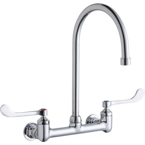 ELKAY LK940GN08T6H WALL MOUNT FAUCET WITH 8 INCH GOOSENECK SPOUT AND 6 INCH HANDLES, OFFSET INLETS