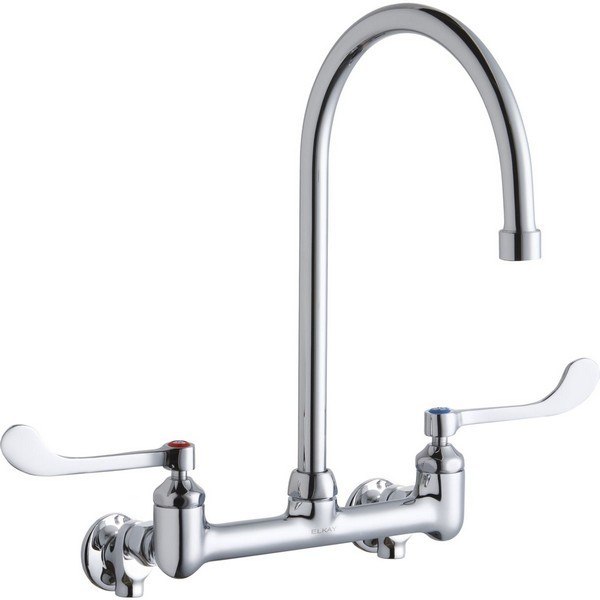 ELKAY LK940GN08T6S WALL MOUNT FAUCET WITH 8 INCH GOOSENECK SPOUT AND 6 INCH HANDLES, OFFSET INLETS + STOP