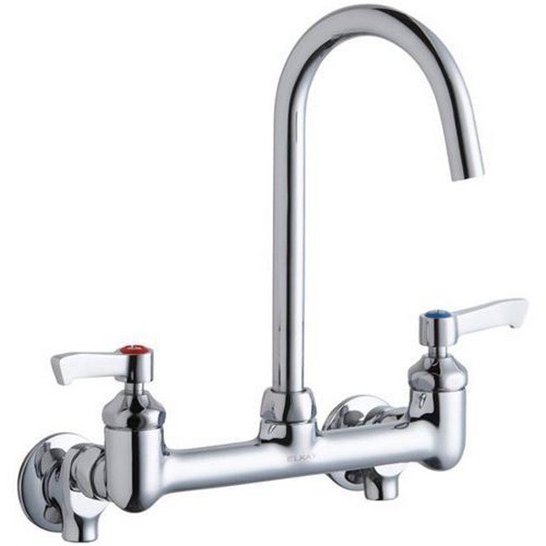 ELKAY LK940LGN05L2S WALL MOUNT FAUCET WITH 5 INCH GOOSENECK SPOUT AND 2 INCH HANDLES, OFFSET INLET + STOP