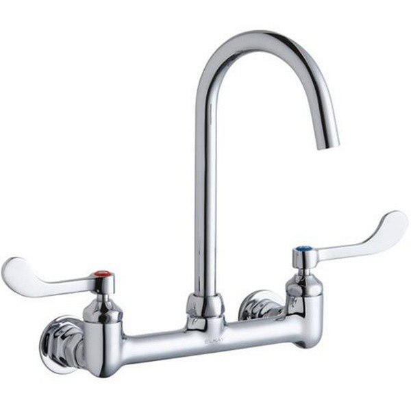 ELKAY LK940LGN05T4H WALL MOUNT FAUCET WITH 5 INCH GOOSENECK SPOUT AND 4 INCH HANDLES, OFFSET INLET