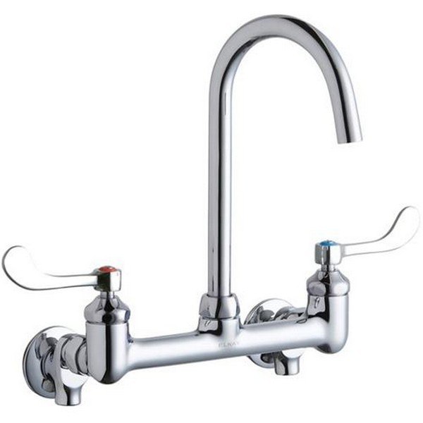 ELKAY LK940LGN05T4S WALL MOUNT FAUCET WITH 5 INCH GOOSENECK SPOUT AND 4 INCH HANDLES, OFFSET INLET + STOP