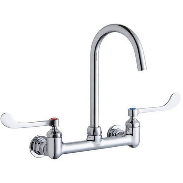ELKAY LK940LGN05T6H WALL MOUNT FAUCET WITH 5 INCH GOOSENECK SPOUT AND 6 INCH HANDLES, OFFSET INLET