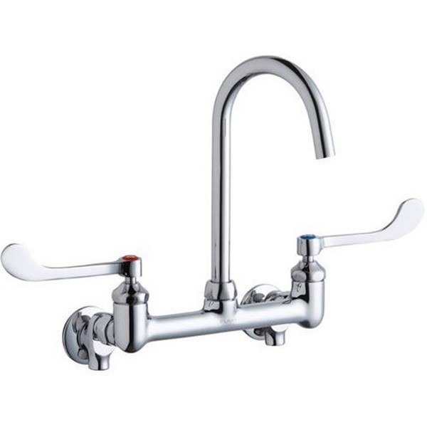 ELKAY LK940LGN05T6S WALL MOUNT FAUCET WITH 5 INCH GOOSENECK SPOUT AND 6 INCH HANDLES, OFFSET INLET + STOP