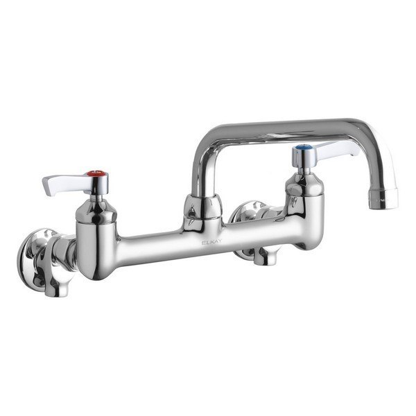 ELKAY LK940TS08L2S WALL MOUNT FAUCET WITH 8 INCH TUBE SPOUT AND 2 INCH HANDLES, OFFSET INLETS + STOP