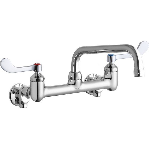 ELKAY LK940TS08T4S WALL MOUNT FAUCET WITH 8 INCH TUBE SPOUT AND 4 INCH HANDLES, OFFSET INLETS + STOP