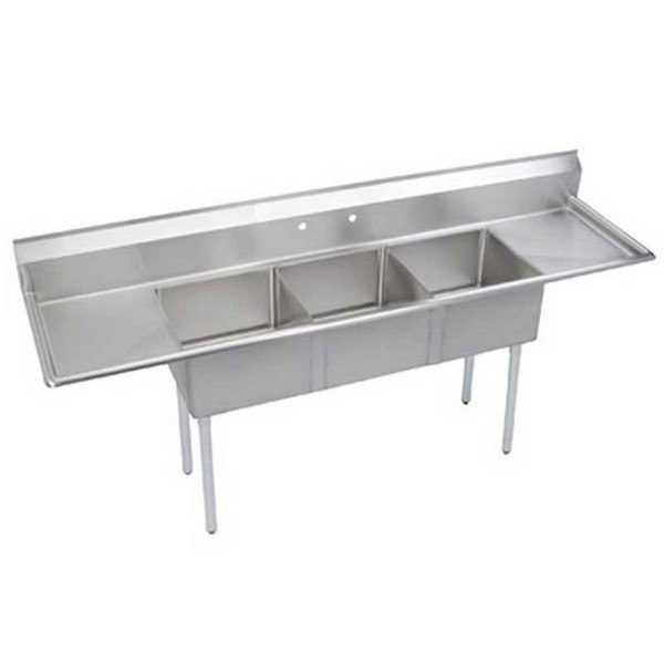 ELKAY S3C24X24-2-24X SUPER ECONOMY 120 L X 29-3/4 W X 45-3/4 H TRIPLE BOWL SCULLERY SINK, LEFT & RIGHT DRAINBOARDS