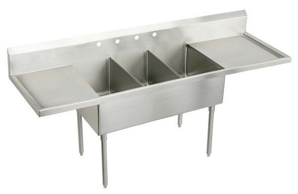 ELKAY WNSF8360LR2 WELDBILT 108 L X 27-1/2 W X D 14 TRIPLE BOWL SCULLERY SINK WITH BOTH SIDE DRAINBOARDS, 2 FAUCET HOLESS