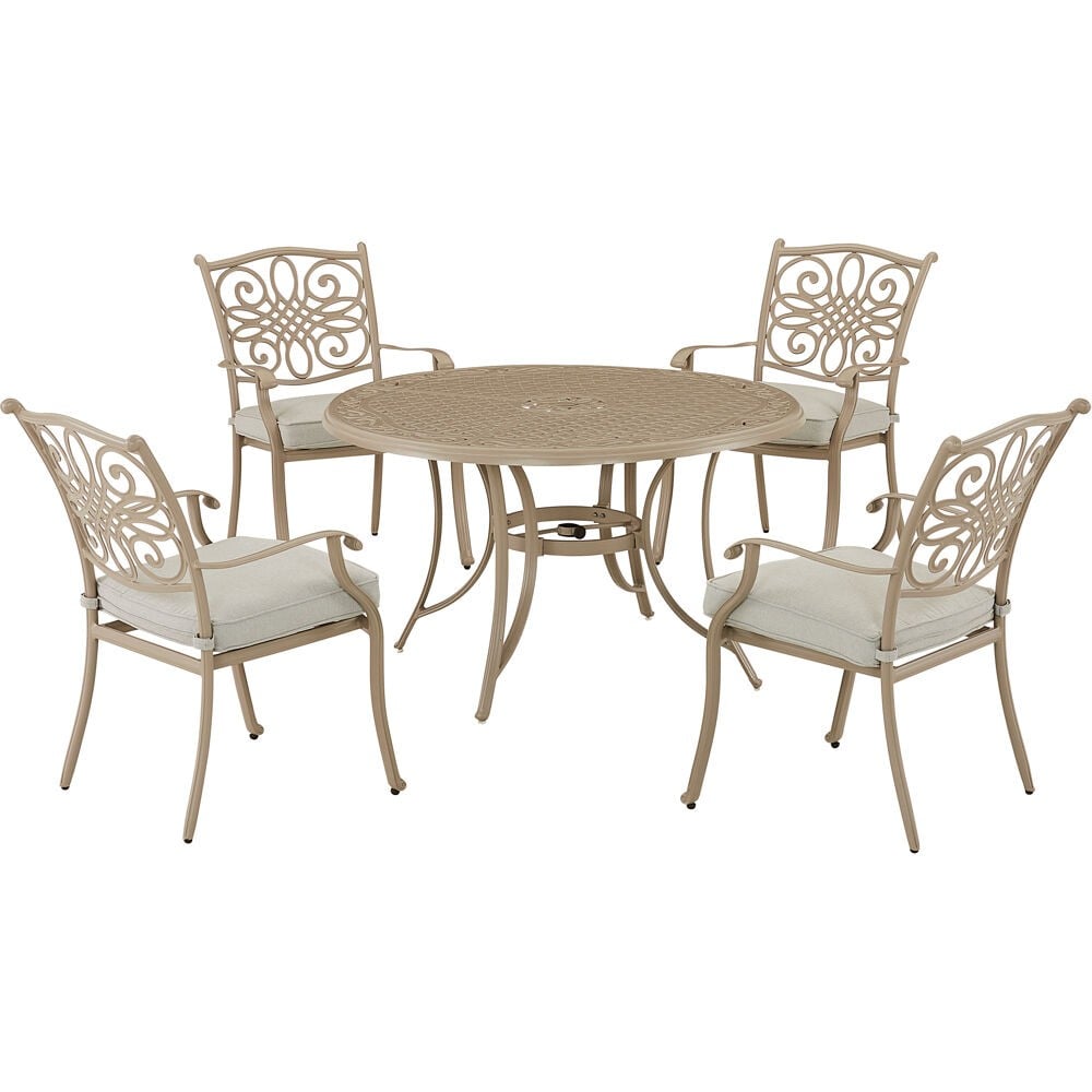 HANOVER TRADDNS5PC-BE TRADITIONS 5-PIECE DINING SET WITH ROUND CAST TABLE IN SAND AND BEIGE