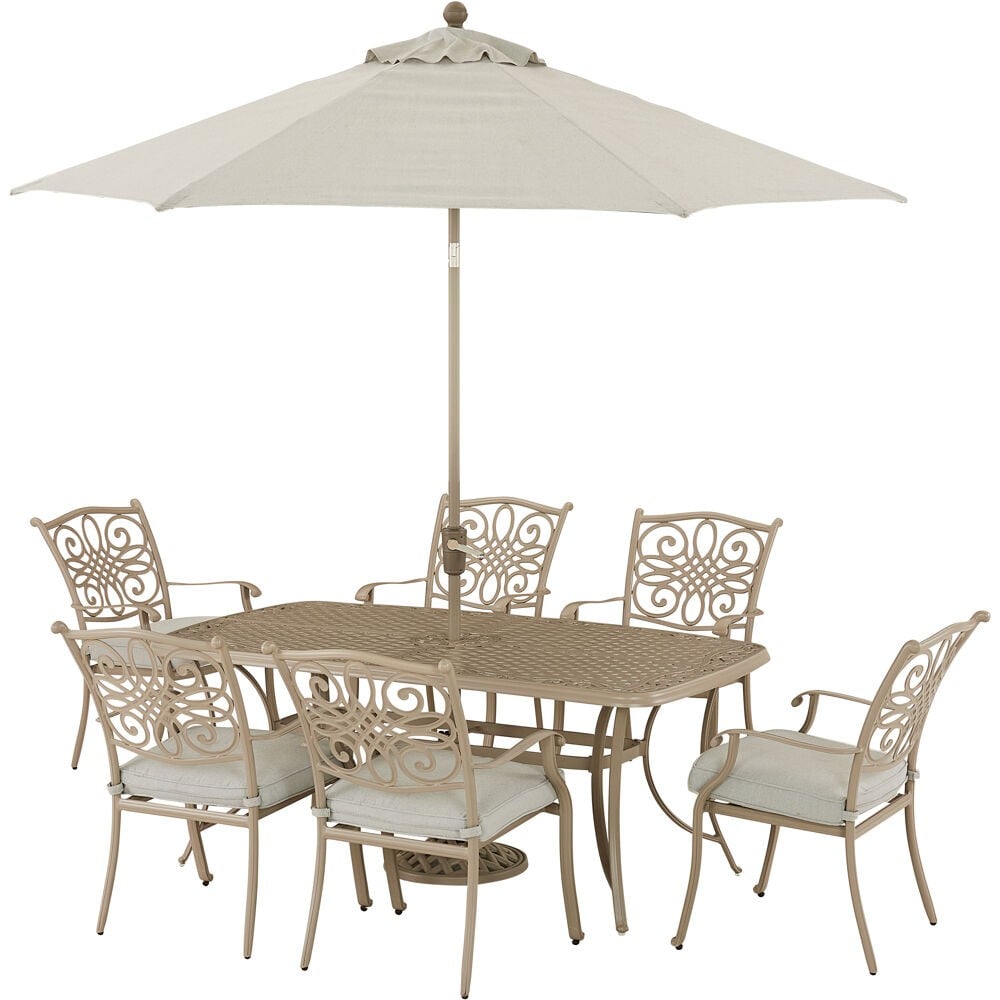 HANOVER TRADDNS7PC-BE-SU TRADITIONS 7-PIECE DINING SET WITH UMBRELLA IN SAND AND BEIGE