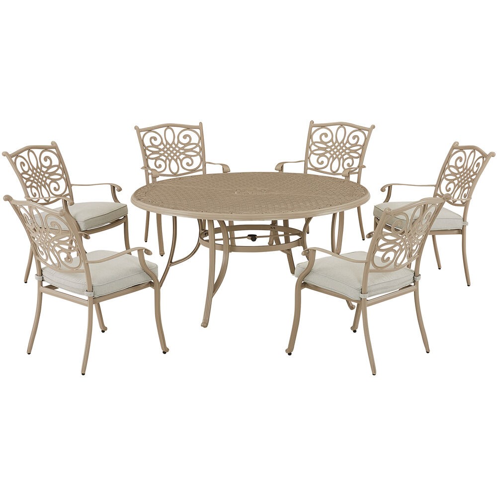 HANOVER TRADDNS7PCRD-BE TRADITIONS 7-PIECE DINING SET WITH ROUND CAST TABLE IN SAND AND BEIGE