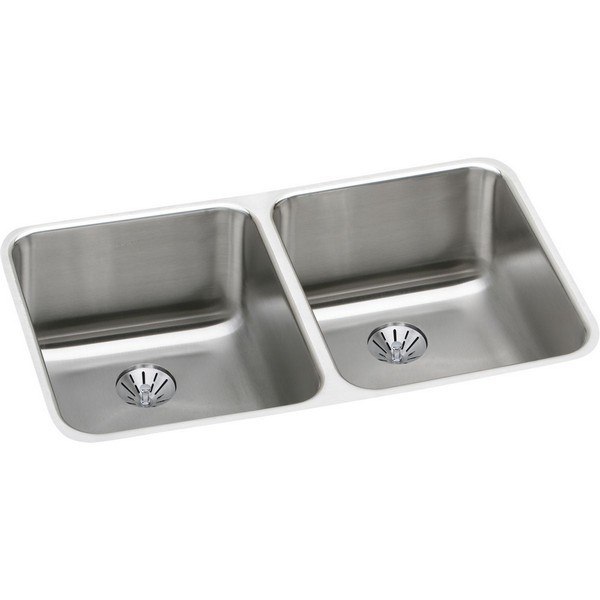 ELKAY ELUH311810PD STAINLESS STEEL 30-3/4 L X 18-1/2 W X 10 D DOUBLE BOWL UNDERMOUNT KITCHEN SINK WITH PERFECT DRAIN
