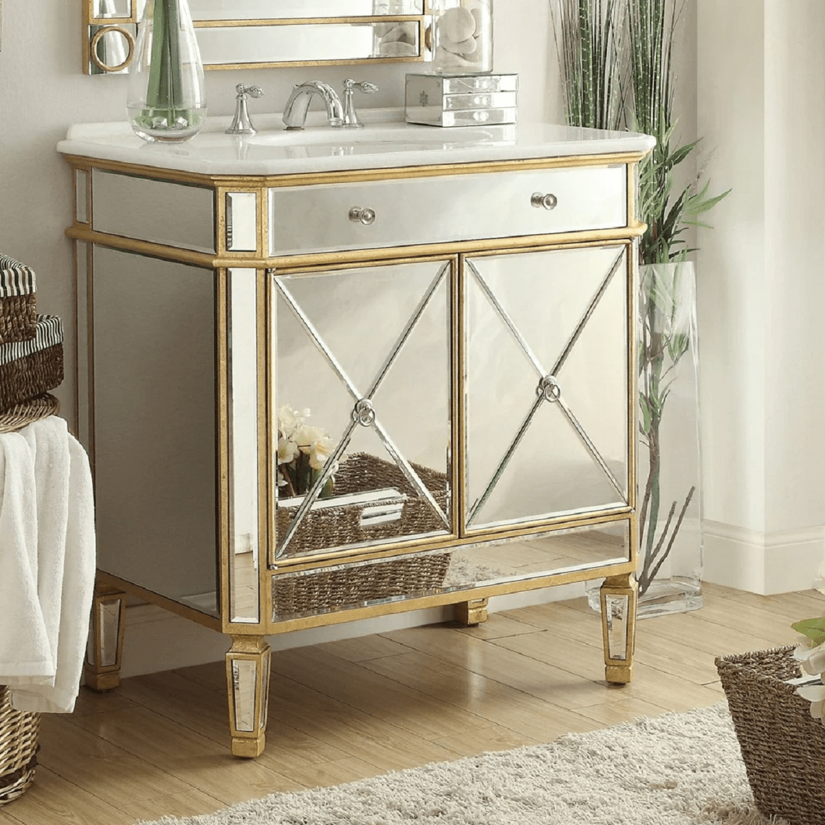 CHANS FURNITURE 504GC AUSTELL 32 INCH GOLD MIRRORED BATHROOM SINK VANITY