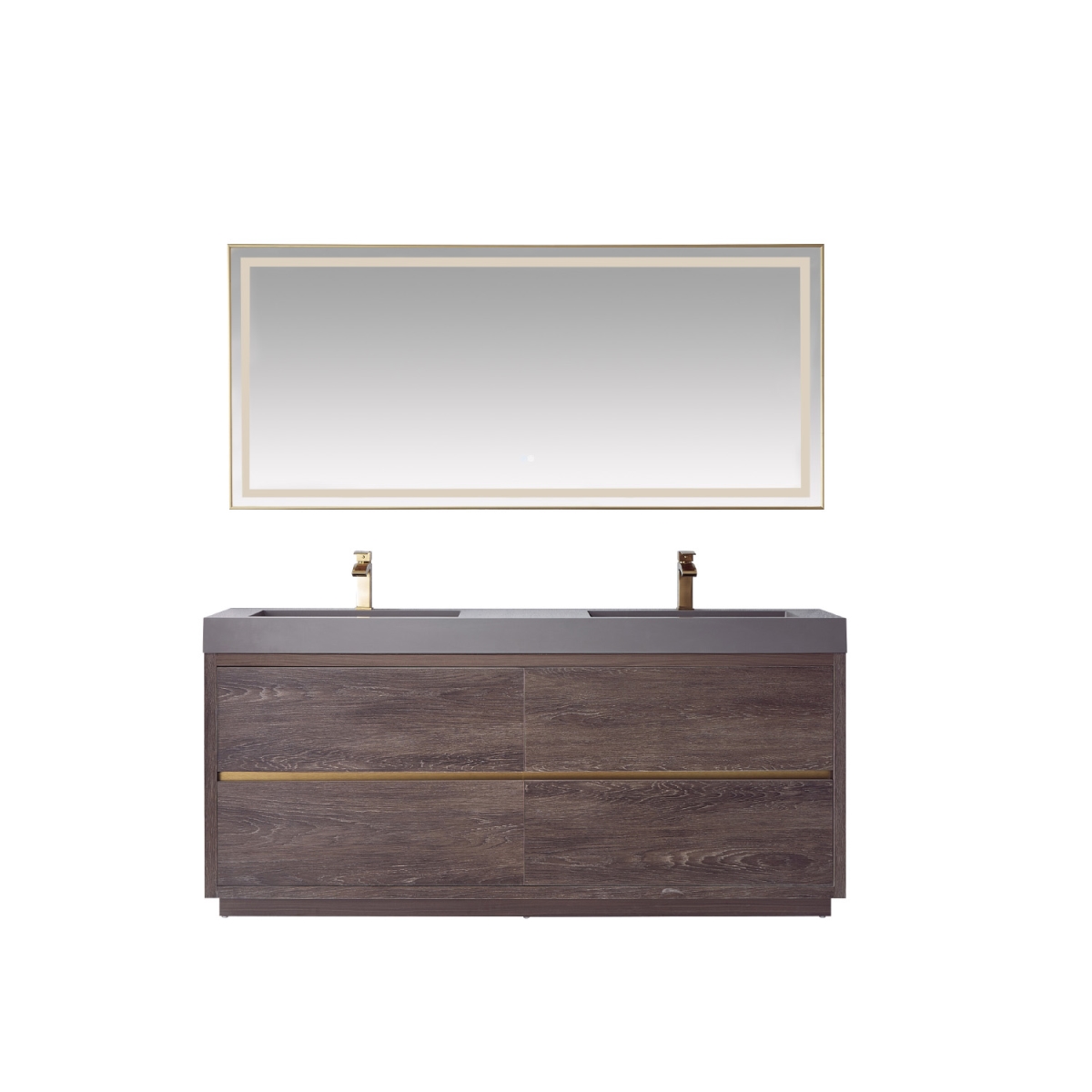 VINNOVA 703072-NC-GR HUESCA 71 3/4 INCH DOUBLE SINK BATH VANITY IN NORTH CAROLINA OAK WITH GREY COMPOSITE INTEGRAL SQUARE SINK TOP AND MIRROR