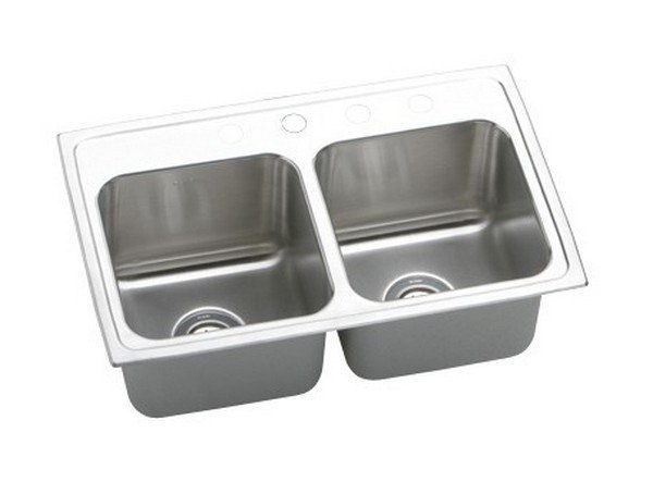 ELKAY DLR2519104 LUSTERTONE STAINLESS STEEL 25 L X 19-1/2 W X 10-1/8 D DOUBLE BOWL KITCHEN SINK, 4 FAUCET HOLES