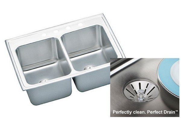 ELKAY DLR332210PD2 STAINLESS STEEL 33 L X 22 W X 10-1/8 D DOUBLE BOWL KITCHEN SINK KIT, 2 FAUCET HOLES