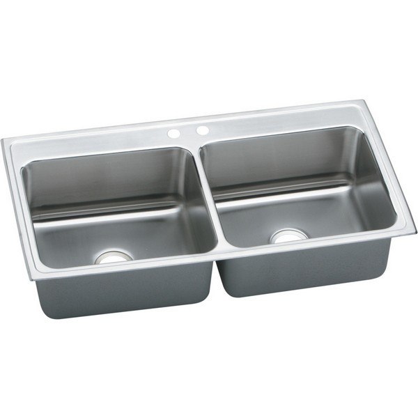 ELKAY DLR4322102 LUSTERTONE STAINLESS STEEL 43 L X 22 W X 10-1/8 D DOUBLE BOWL KITCHEN SINK, 2 FAUCET HOLES