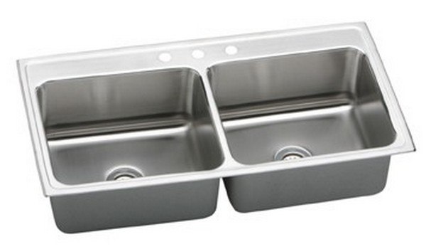 ELKAY DLR4322123 LUSTERTONE STAINLESS STEEL 43 L X 22 W X 12-1/8 D DOUBLE BOWL KITCHEN SINK, 3 FAUCET HOLES