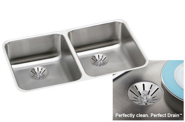 ELKAY ELUH311810LPD STAINLESS STEEL 30-3/4 L X 18-1/2 W X 10 D DOUBLE BOWL UNDERMOUNT KITCHEN SINK WITH PERFECT DRAIN