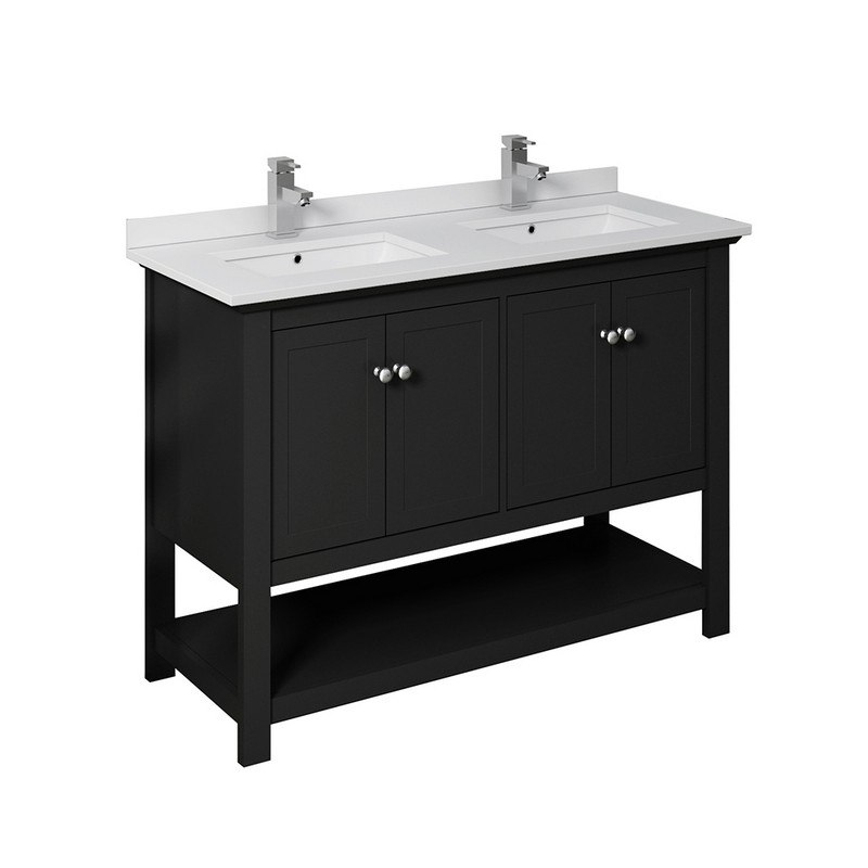 FRESCA FCB2348BL-D-CWH-U MANCHESTER 48 INCH BLACK TRADITIONAL DOUBLE SINK BATHROOM CABINET WITH TOP AND SINKS