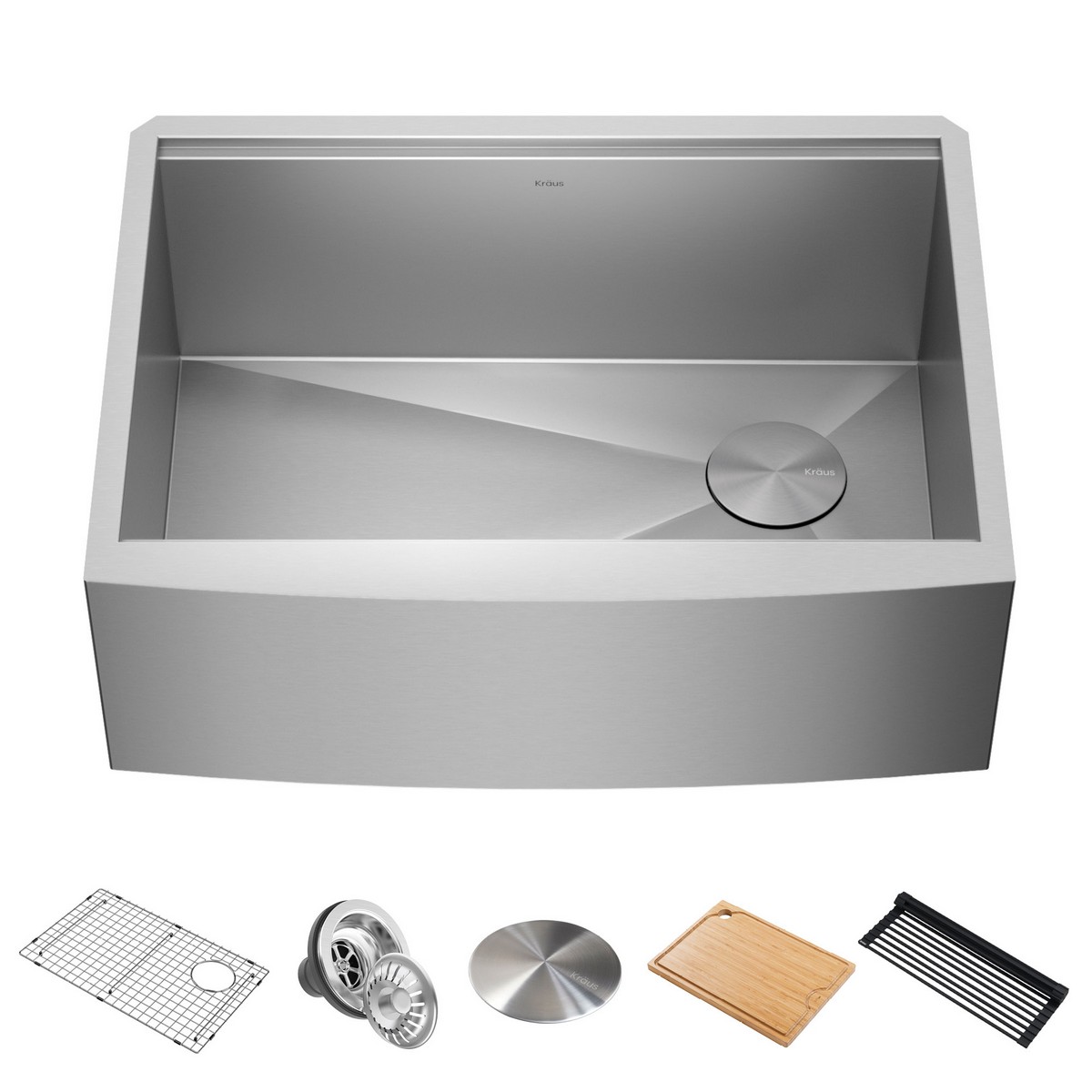 KRAUS KWF210-27 KORE 27 INCH FARMHOUSE APRON FRONT WORKSTATION 16 GAUGE STAINLESS STEEL SINGLE BOWL KITCHEN SINK WITH ACCESSORIES
