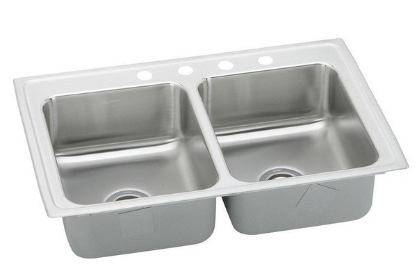 ELKAY PSR33194 PACEMAKER STAINLESS STEEL 33 L X 19-1/2 W X 7-1/8 D DOUBLE BOWL KITCHEN SINK, 4 FAUCET HOLES