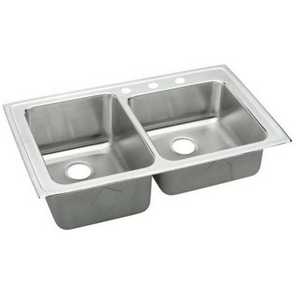 ELKAY LGR37223 LUSTERTONE STAINLESS STEEL 37 L X 22 W X 10 D DOUBLE BOWL KITCHEN SINK, 3 FAUCET HOLES