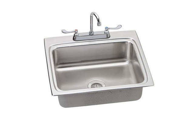 ELKAY LR2522SC LUSTERTONE STAINLESS STEEL 25 L X 22 W X 8-1/8 D TOP MOUNT KITCHEN SINK WITH FAUCET, 3 FAUCET HOLES