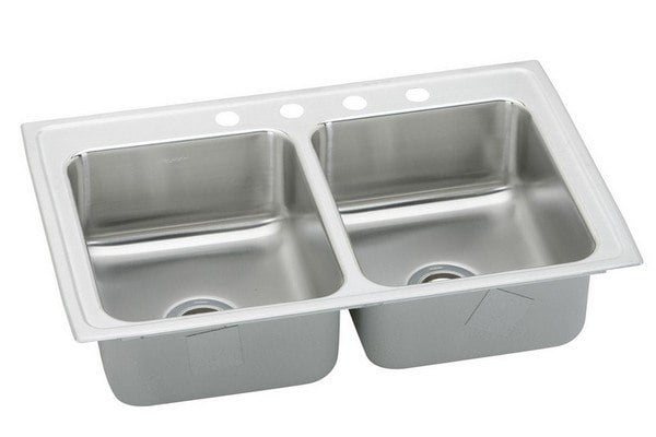 ELKAY LR3319MR2 LUSTERTONE STAINLESS STEEL 33 L X 19-1/2 W X 7-5/8 D DOUBLE BOWL KITCHEN SINK, 2 FAUCET HOLES