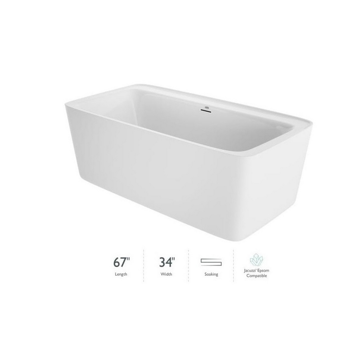 JACUZZI ADF6734BCXXXXG ADATTO 67 X 34 INCH FREESTANDING ACRYLIC SOAKING BATHTUB IN WHITE WITH CENTER DRAIN, POP-UP DRAIN ASSEMBLY AND OVERFLOW